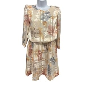 Damon Petite Vintage 80s Floral Pleated Dress Cream Pink Blue ILGWU USA Size 4